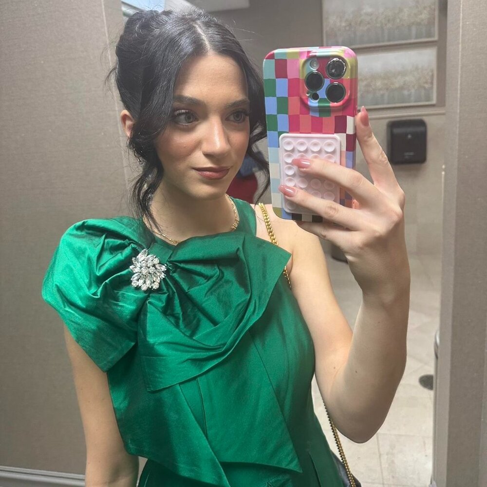 WORN ONLY ONCE FOR TWO HOURS. Green satin bow dress
